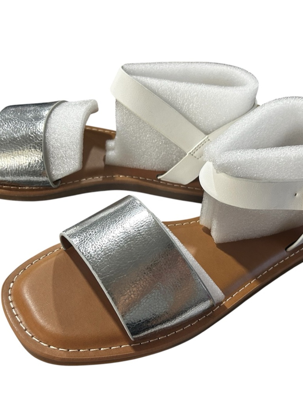Cushionaire Memory Foam Silver and White Strappy Flat Sandals